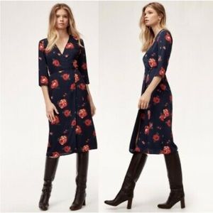 Aritzia Babaton Navy Wrap Dress with Roses - M